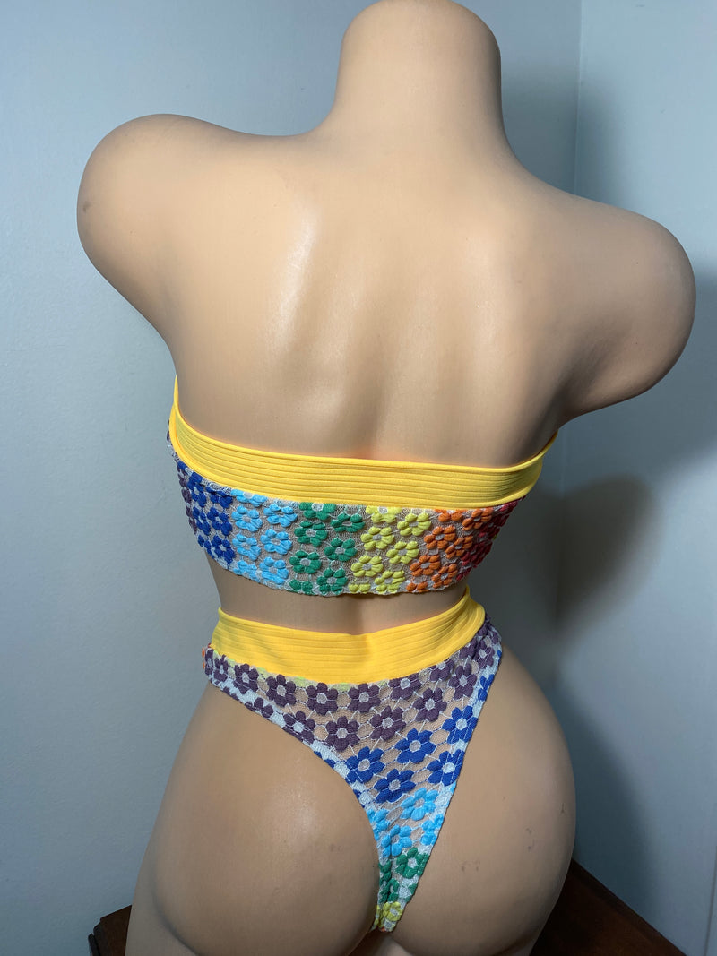 JILLYROCKS 2 Pc ARIKA Rainbow flower lace Tube top High waist thong bikini