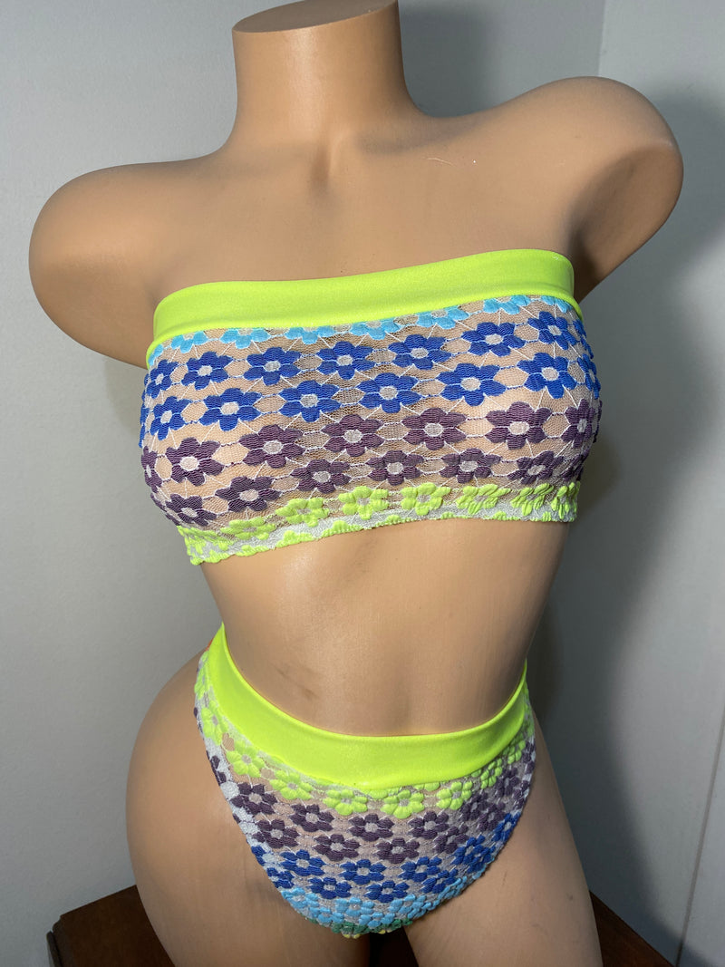 JILLYROCKS 2 Pc ARIKA Rainbow flower lace Tube top High waist thong bikini