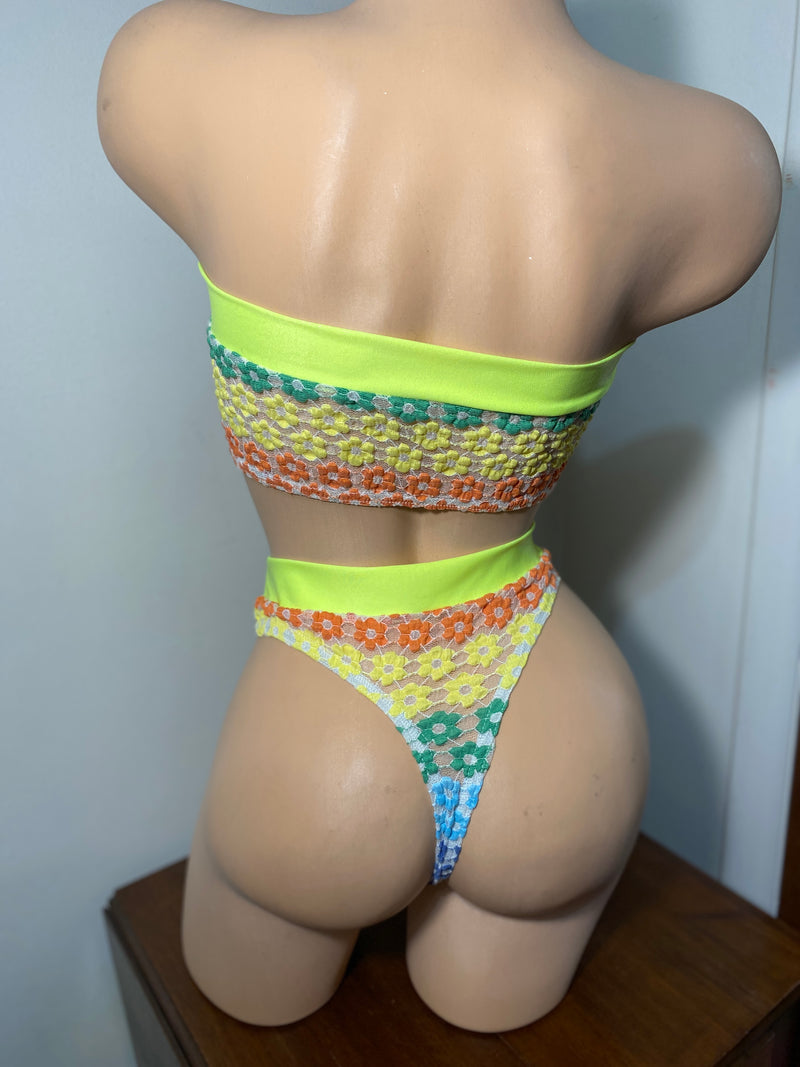 JILLYROCKS 2 Pc ARIKA Rainbow flower lace Tube top High waist thong bikini