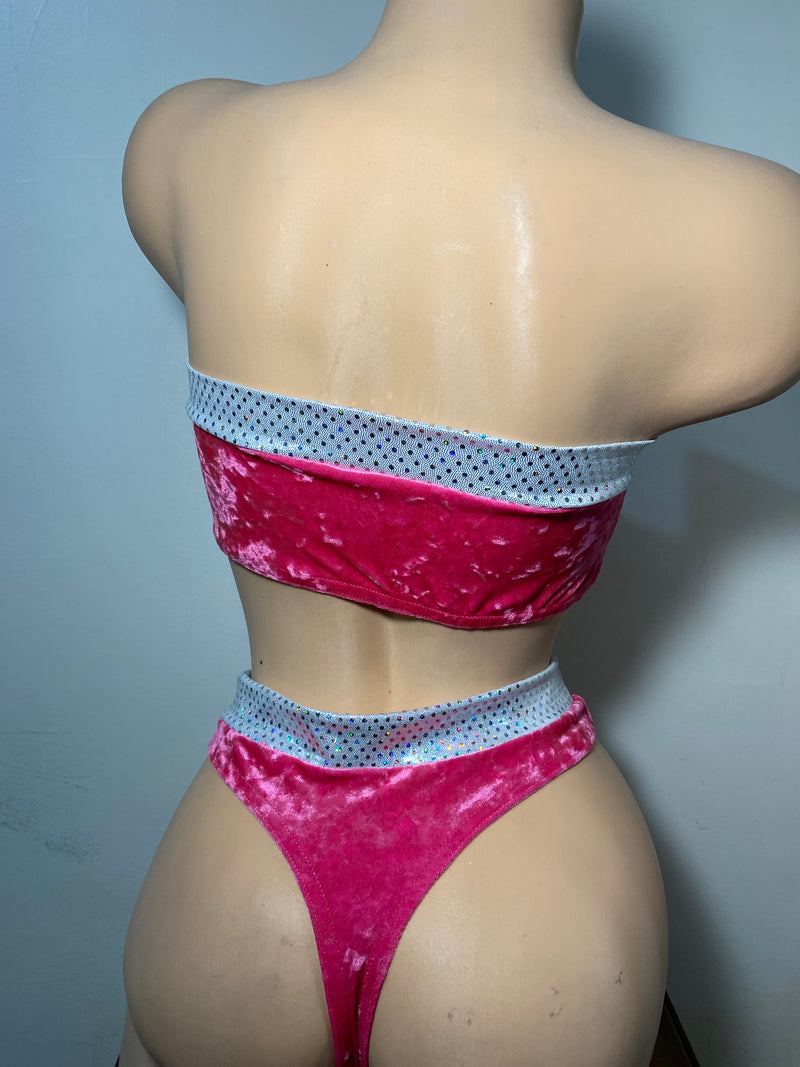 JILLYROCKS 2 Pc ARIKA Pink crush velvet tube top High waist thong bikini