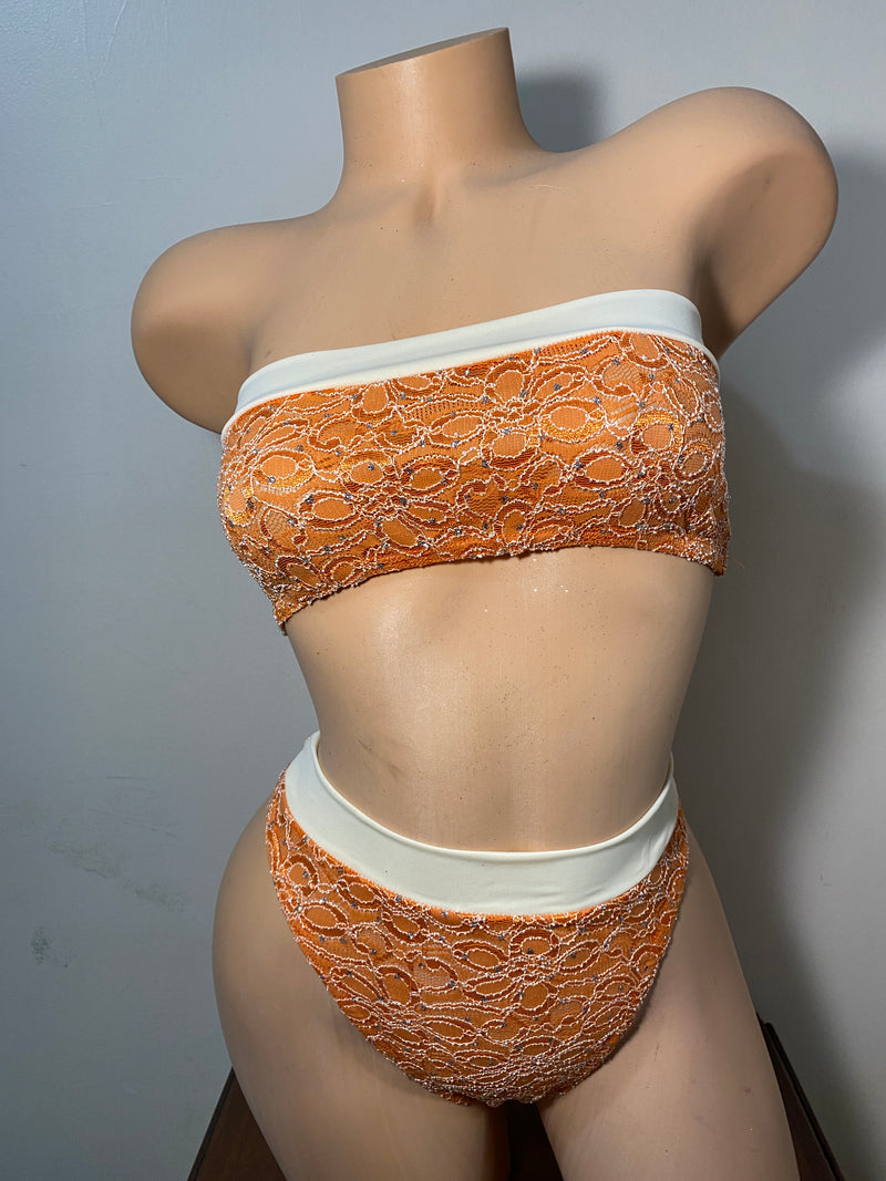 JILLYROCKS 2 Pc ARIKA Orange lace tube top High waist thong bikini