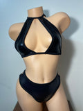 JILLYROCKS 2 Pc ARIKA Black wet look halter top High waist thong bikini