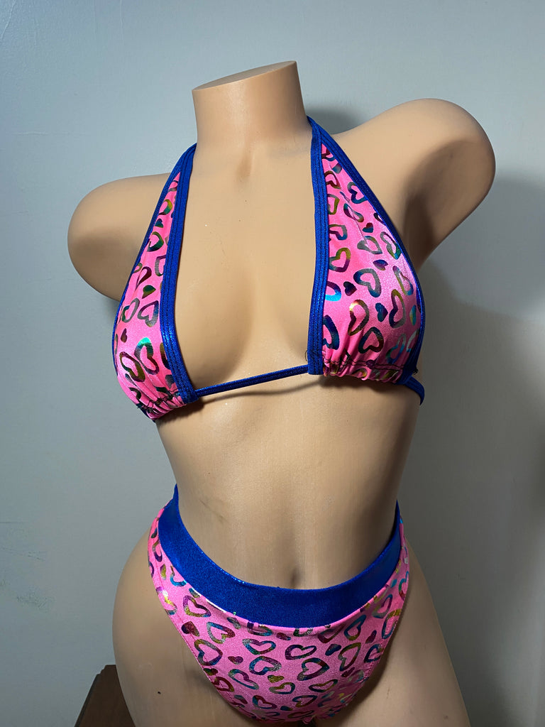 JILLYROCKS 2 Pc ARIKA Neon pink Hearts Triangle top High waist thong bikini