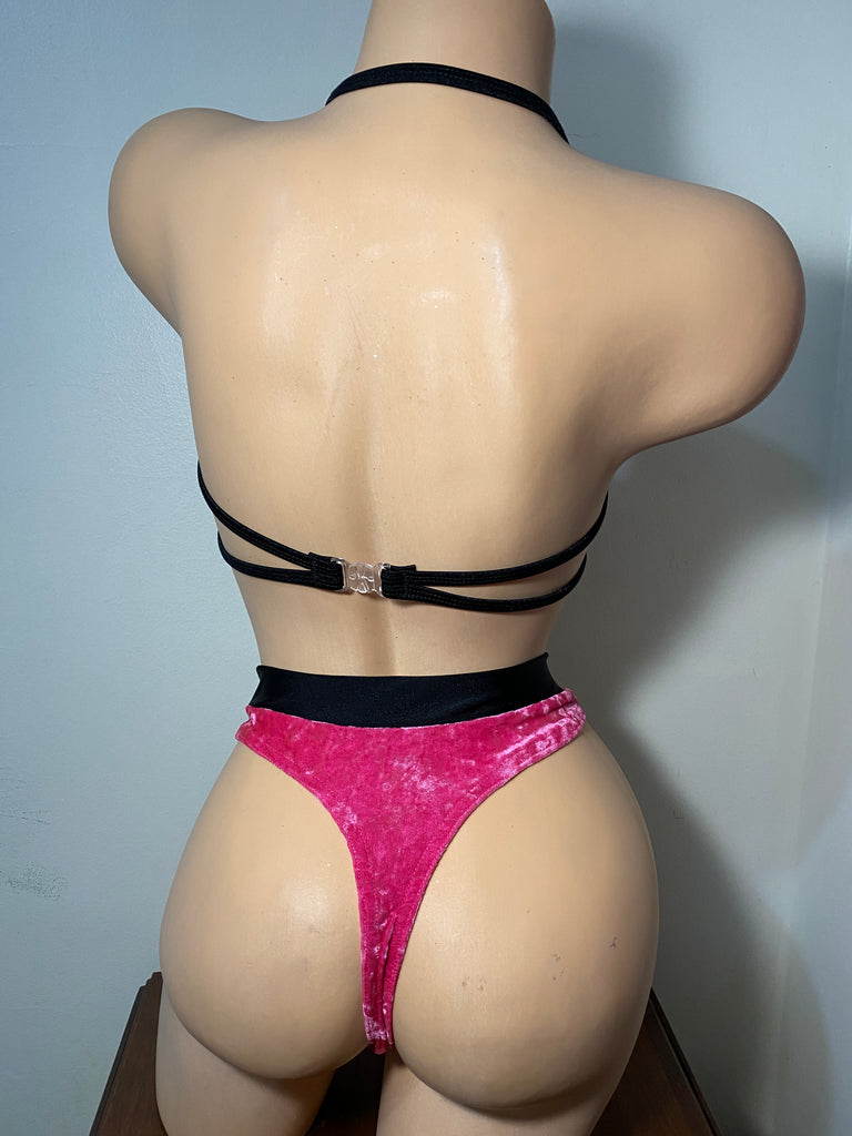 JILLYROCKS 2 Pc ARIKA Pink velvet Gigi top High waist thong bikini