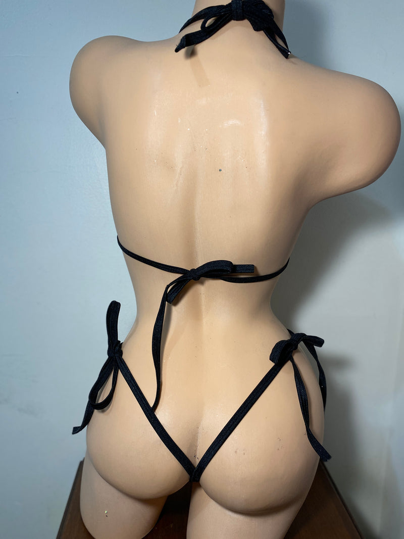 JILLYROCKS 2 Pc Black wet look Triangle top tie thong bikini