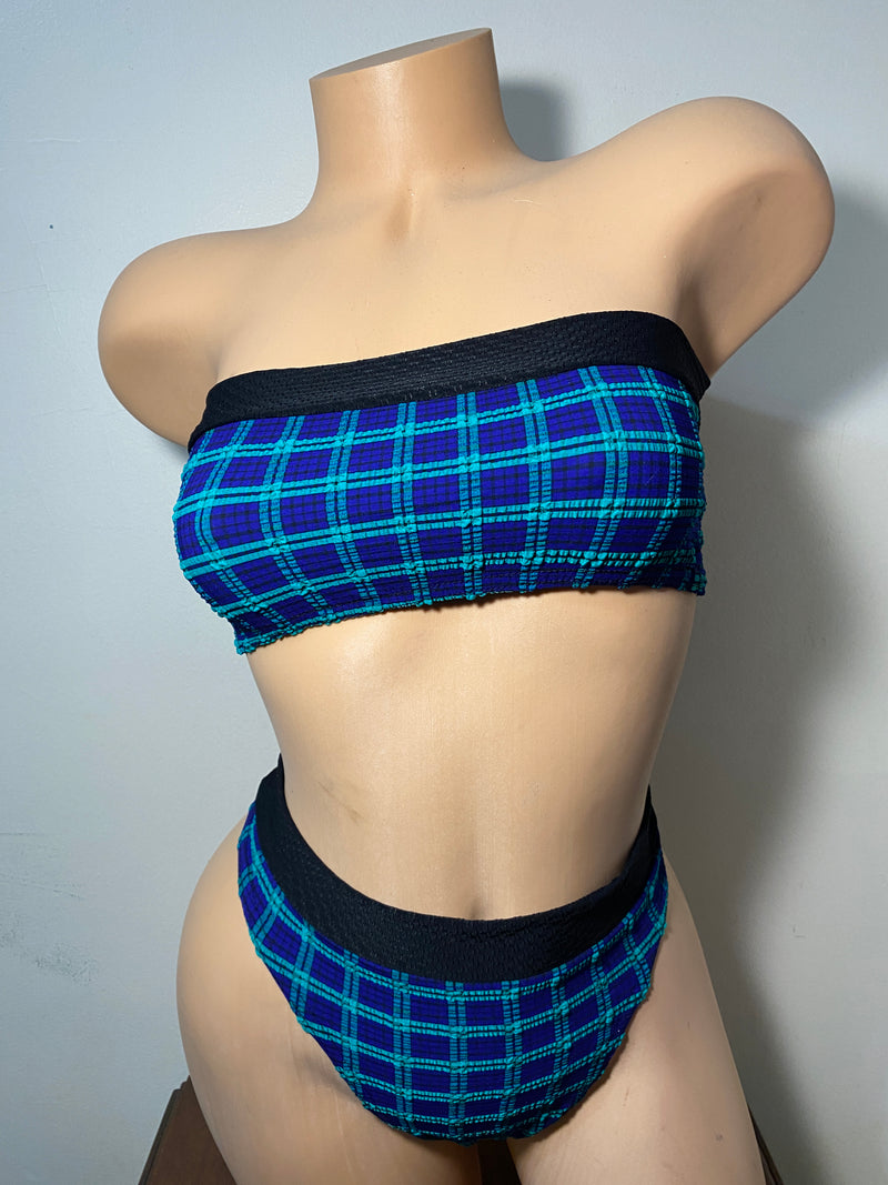 JILLYROCKS 2 Pc ARIKA Blue green black plaid tube top high waist thong bikini