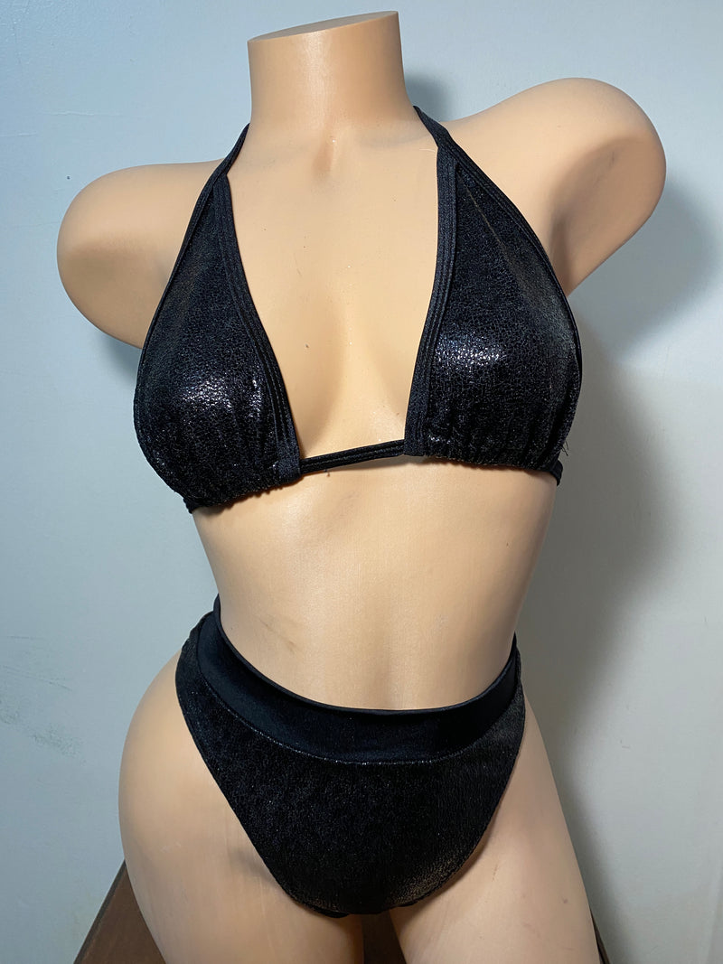 JILLYROCKS 2 Pc ARIKA Black Lacquer Triangle top High waist thong