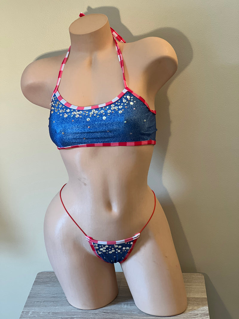 JILLYROCKS 2 Pc crop denim top thong BLING